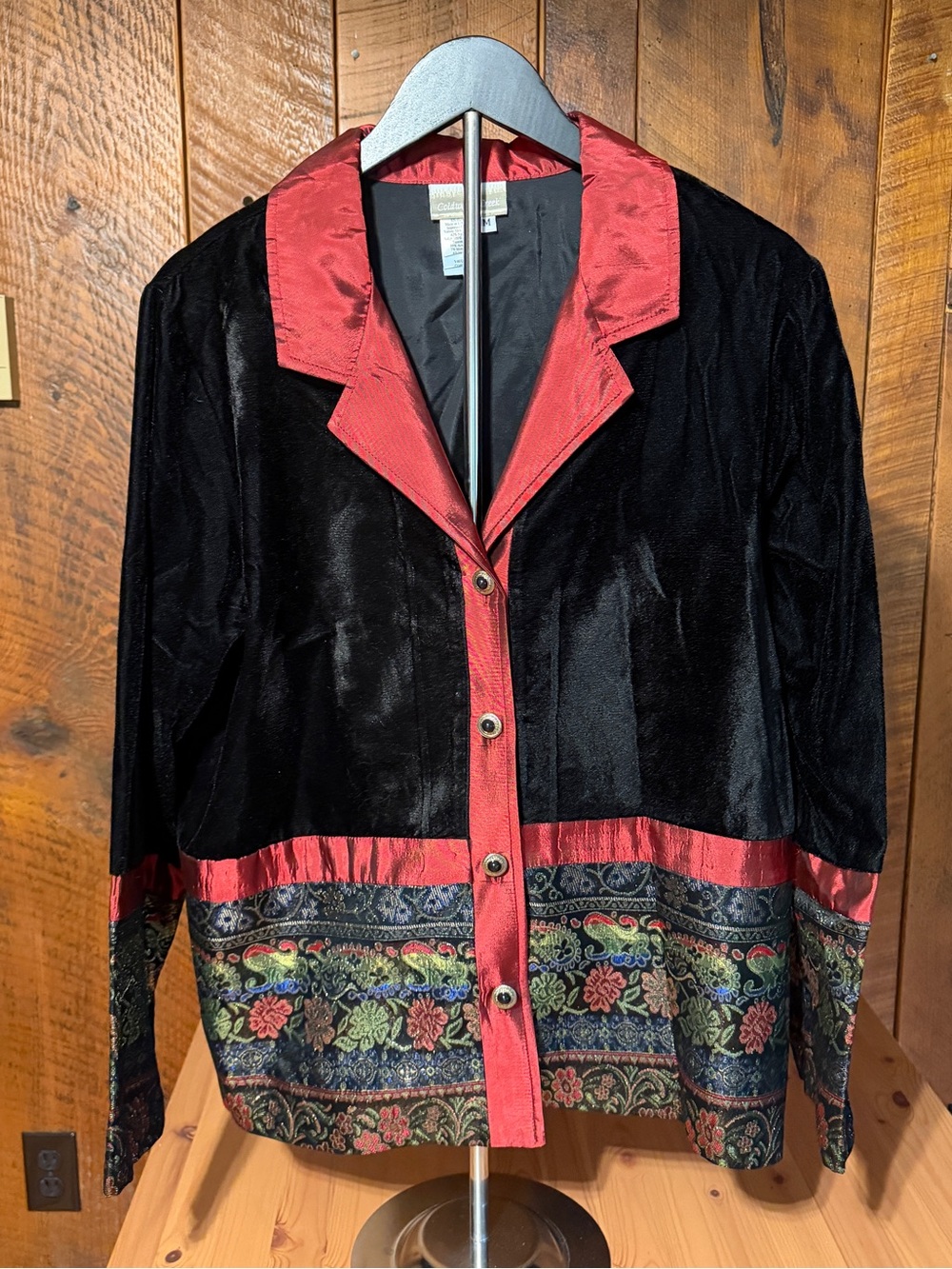 Vintage Coldwater Creek Velvet Tapery Patchwork Floral Blazer Jacket Red Black M